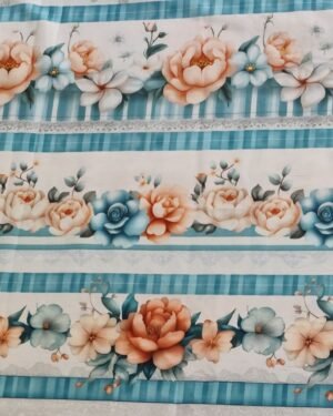 Tricoline Digital Barrado Floral Azul 9 Faixas 55cm x 150cm
